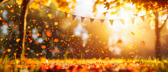 Autumn Leaves in Vibrant Colors, Sunny Forest Background with Red and Orange Maple Foliage