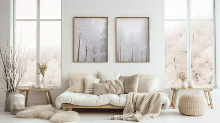 A living room with a white couch, pillows, and a rug. The room has a cozy and inviting atmosphere