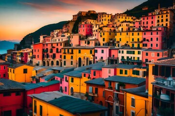 A dramatic sunset over Vernazza village, casting a warm glow over the colorful buildings and creating a captivating scene in cinematic photography