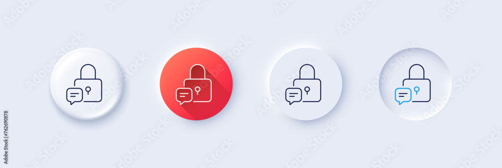 Poster lock line icon. neumorphic, red gradient, 3d pin buttons. padlock with chat bubble sign. message pro