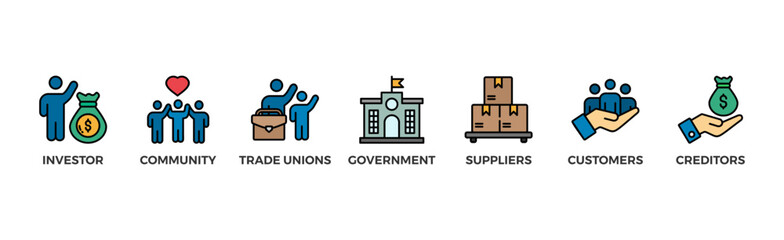 Stakeholder relationship banner web icon vector illustration concept for stakeholder, investor, government, and creditors with icon of community, trade unions, suppliers, and customers