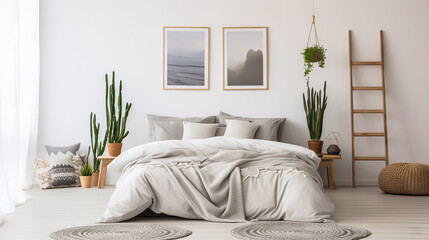 A bedroom with a white bed, white pillows, and a white blanket. There are two pictures on the wall, one of which is of a mountain. A plant is hanging from the ceiling. The room has a minimalist