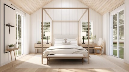 Fototapeta na wymiar Light and airy primary bedroom with vaulted shiplap ceiling, modern 4-poster bed, and sliding barn doors.