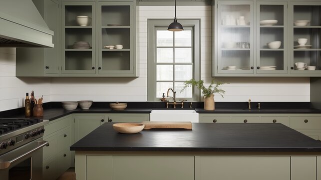 Kitchen with sage green cabinets and matte black soapstone countertops.