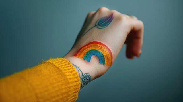 concept of Belonging Inclusion Diversity Equity DEIB or lgbtq,  hand of a girl with multicolor painted rainbow tattoo, lgbt diversity 