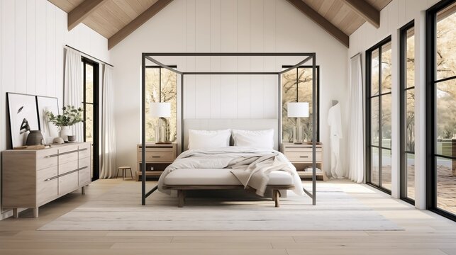 Light and airy primary bedroom with vaulted shiplap ceiling, modern 4-poster bed, and sliding barn doors.