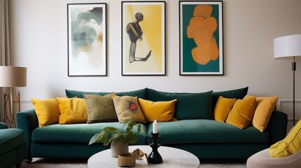 Light beige walls with a deep emerald green velvet sofa and pops of mustard yellow in pillows and artwork.