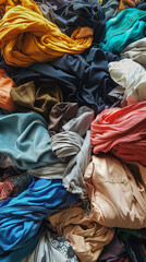 A variety of different colored clothes piled on top of each other, creating a stack of laundry. The clothes appear to be a mix of shirts, pants, and other garments.