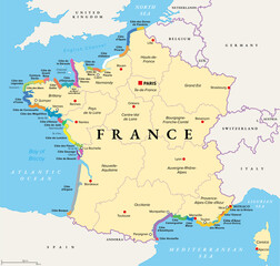 The coasts of France, political map. Most important coasts and beaches in France. Commonly used and popular names of the stretches in tourism. Map with the regions of France and most important cities. - 762691258