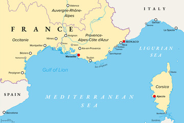 Southern France coastline, political map. Southernmost part of France, that border the Mediterranean Sea. Map with part of Occitania, Provence, French Riviera, Corsica, and with most important cities. - 762691297