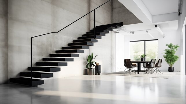 Light gray concrete floors with a black metal staircase and white walls.