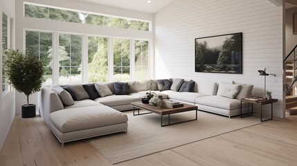 Fototapeta premium Light oak hardwood floors with a dark charcoal gray sectional and white shiplap walls.