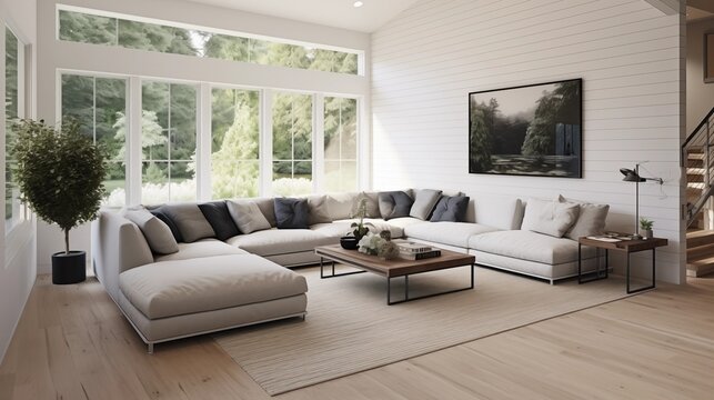 Light oak hardwood floors with a dark charcoal gray sectional and white shiplap walls.