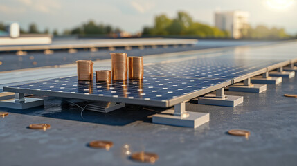 Stacks of coins are balanced on top of a solar panel installed on a flat roof. The coins glisten in the sunlight, symbolizing financial savings or investment in renewable energy.