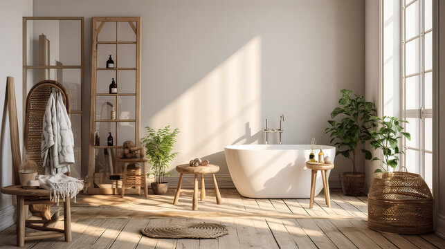 A bathroom with a white bathtub, a potted plant, and a wooden chair. The room is bright and airy, with a lot of natural light coming in through the windows