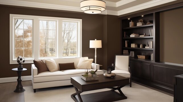 Light taupe walls with a dark espresso-stained wood accent wall and white trim.