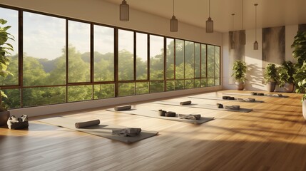 Light-filled yoga studio with warm wood floors and floor-to-ceiling windows overlooking nature.