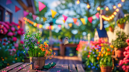 Summer Gardening, Bright Flowers in Pots on Wooden Table, Nature and Beauty in Backyard Setting - obrazy, fototapety, plakaty