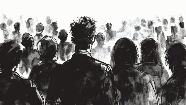 A black and white ink drawing of people in the crowd, seen from behind The background is simple with just two colors Generative AI