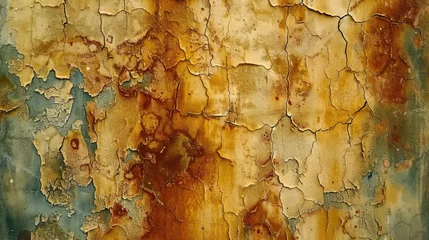 Fotobehang Close-up of a wall showing layers of peeling paint in various shades of yellow and blue, signifying decay and the passage of time © sommersby