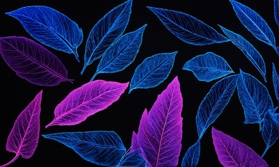 Blue and purple neon leaves on black background	

