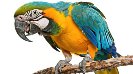 Fototapeta premium Vibrant parrot with colorful feathers perched on a tree branch isolated on white background