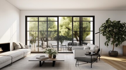 Living room with crisp white walls and matte black aluminum framed sliders.