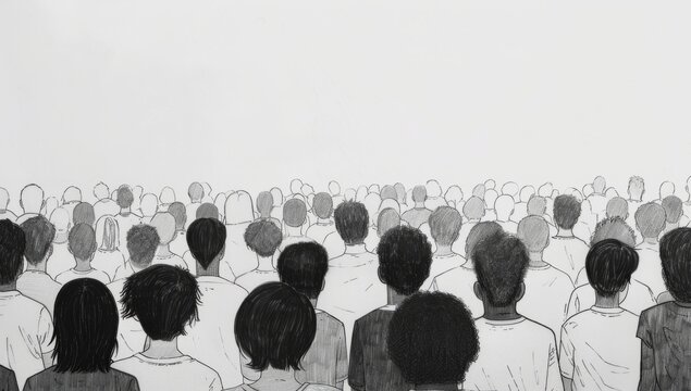 A large crowd of people, all facing away from the camera, captured in an ink drawing style Generative AI