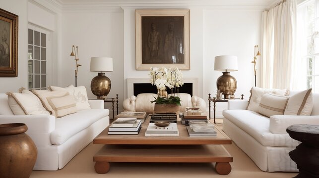 Living room with crisp white sofas and vintage inspired bronze coffee table.