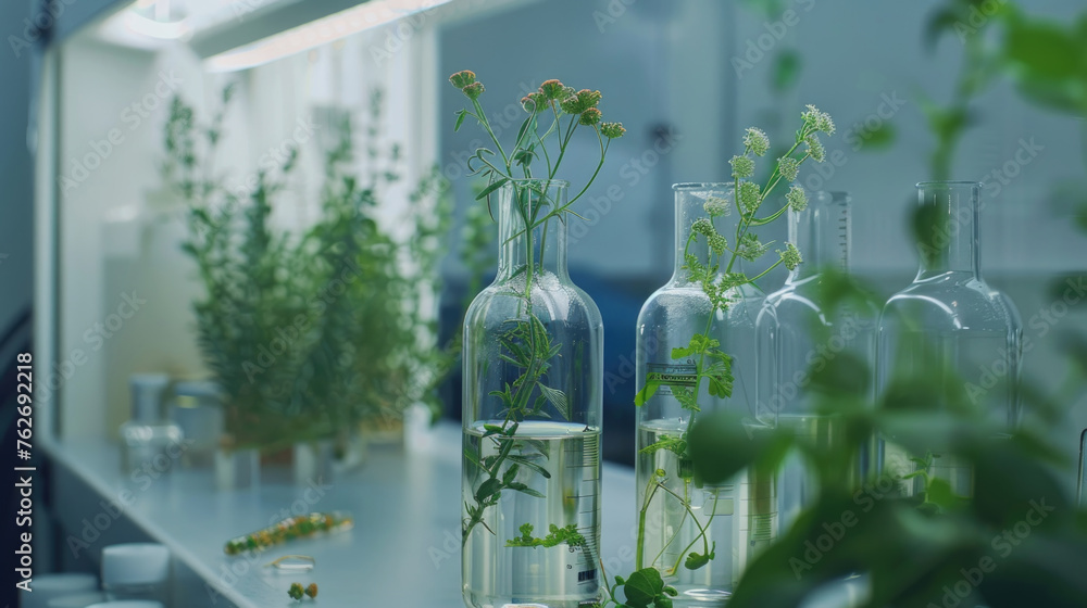 Poster straight row of glass bottles filled with various plants, creating a unique and decorative display