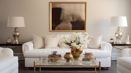Living room with crisp white sofas and vintage inspired bronze hammered table.