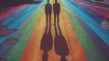 concept of Belonging Inclusion Diversity Equity DEIB or lgbtq,  group of black shadow silhouettes of people of different cultures and skin, on rainbow multicolor background	