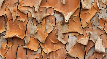 Detailed view of a tree trunk with its bark peeling off, revealing layers of paint underneath