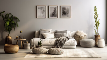 Fototapeta na wymiar A living room with a white couch, a potted plant, and a vase. The room has a modern and minimalist design, with a focus on natural elements like plants and wood