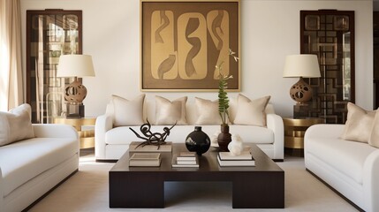 Living room with crisp white sofas and vintage inspired bronze hammered table.