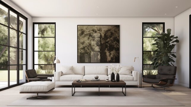Living room with crisp white walls and matte black aluminum framed sliders.