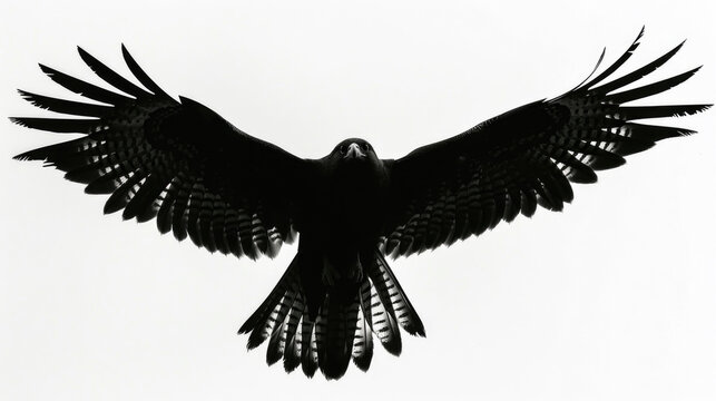 A silhouette of a large bird of prey with outstretched wings glides gracefully in the sky