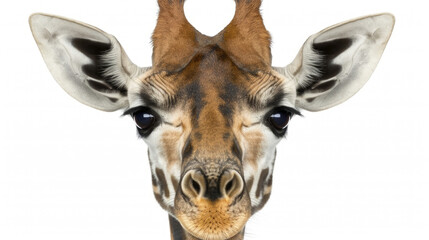 Detailed close-up of a giraffes face showcasing its unique patterns, long eyelashes, and textured skin against a smooth white backdrop