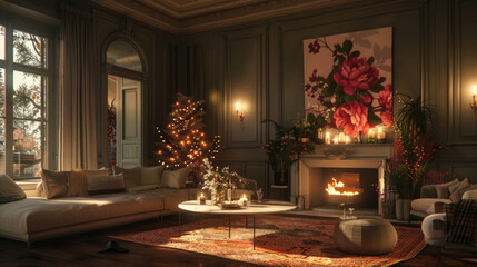 A warmly lit living room on a winter evening, adorned with a festive Christmas tree, a glowing fireplace, and elegant floral wall art