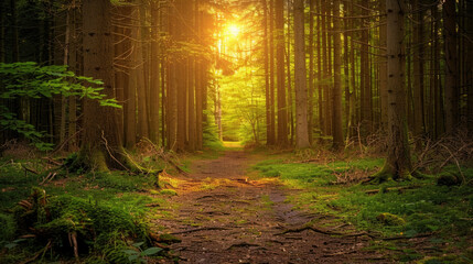 Fototapeta premium The suns rays penetrate the dense forest canopy, casting dappled light on the ground below