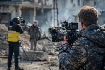 Fototapeta premium Military journalists in a combat zone at the front, dangerous journalism