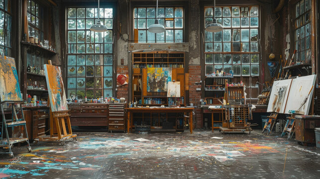 Artists messy studio floor covered in colorful paint splatters from brushes and tubes of paint