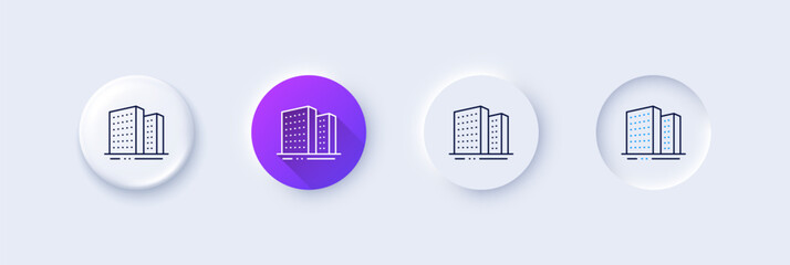 Buildings line icon. Neumorphic, Purple gradient, 3d pin buttons. City apartments sign. Architecture building symbol. Line icons. Neumorphic buttons with outline signs. Vector