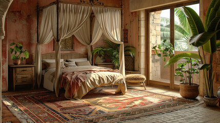 Bedroom featuring a canopy bed with flowing drapes and a rug on the floor, creating a cozy and stylish sleeping area