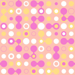 Seamless pattern, vector illustration of polka dots, pink, yellow, beige, pastel colors, print for fabrics, bikinis, swimwear. Summer themed surface design. Connection, elements texture. 
