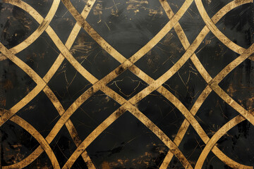 A luxurious background with a pattern of golden lines crisscrossing against a black backdrop - obrazy, fototapety, plakaty