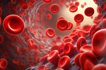 Close-up view cluster of blood cells within an artery, depicted with a deep red color palette highlighting the cells and the vessels interior.