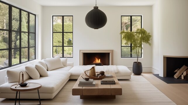 Living room with oatmeal linen sectional and matte black framed fireplace.