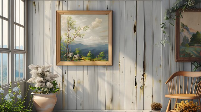 Image of a wall painting with a floral theme and a frame made of natural wood