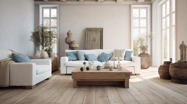 Living room with white sofas, light oak and steel blue distressed hardwoods.